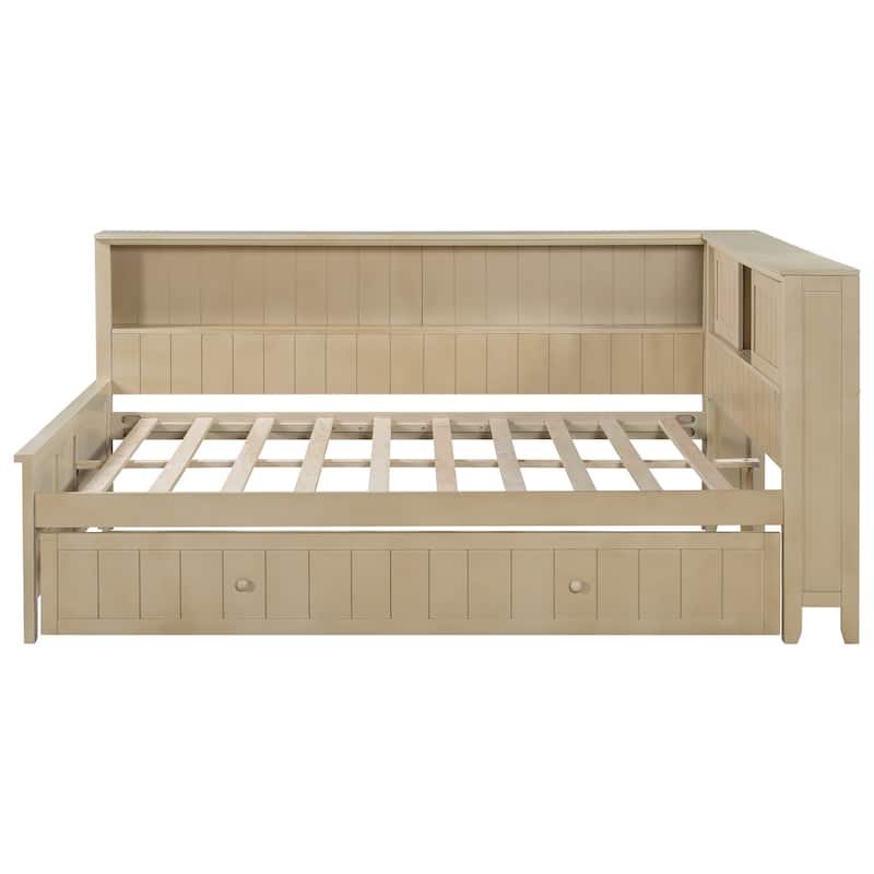 Full Size L Shaped Daybed with Twin Trundle, Wood Sofa Bed Frame with Storage Shelves and Slats Support, No Box Spring Needed