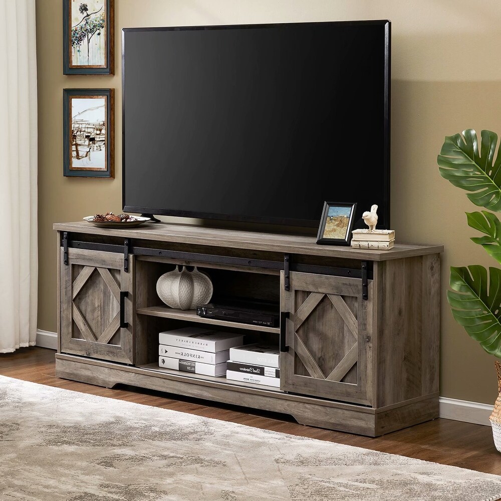 Vingli Tv Stand With Sliding Barn Doors For Tvs Up To 55 Flat Screen Farmhouse Entertainment Center Media Console Table Cabinet W Adjustable Shelves Rustic Brown Home Audio Accessories Kedrisconstructions Media Storage