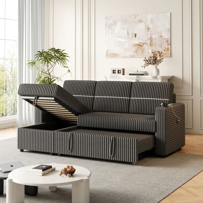 85 Inches Corduroy Sofa Bed, 3 Seater Sleeper Sofa, Pull Out Couch for Living Room