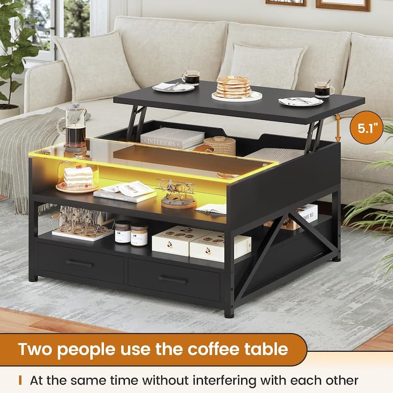 Coffee Table Lift Top 2 Drawers Hidden Compartment for Living Room