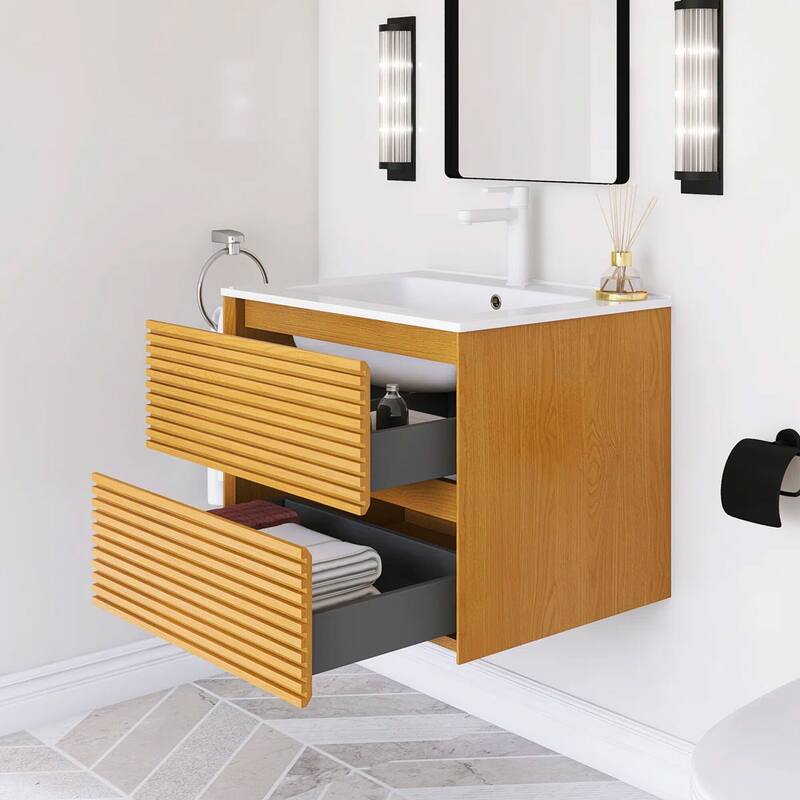 Wall-Mounted Bathroom Vanity with White Ceramic Sink