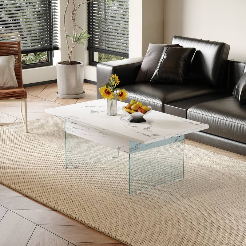 Multifunctional Lift-Top Coffee Table with Tempered Glass Legs, Rectangular Living Room Table 2-Tier Center Table - White