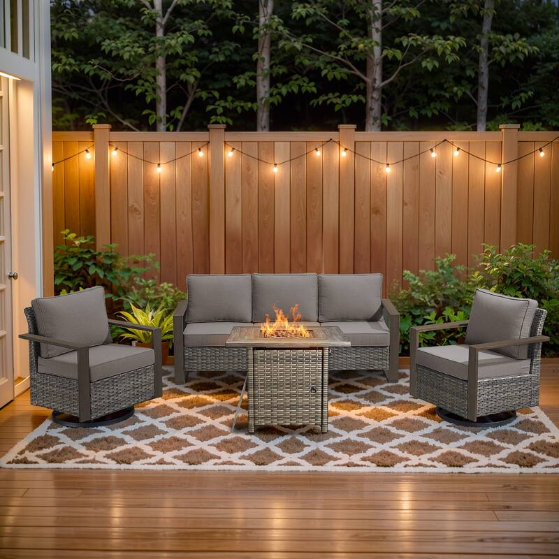 Pocassy 4/6/8PCS Sofa Swivel Chair with Fire Pit Table Set - Grey Wicker Gray Cushion - 4-Piece Sofa Swivel Chair with Fire Table
