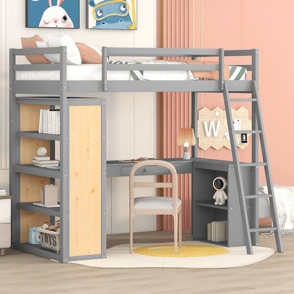 slide 2 of 12, Twin Size Wood Loft Bed with Ladder, Shelves and Desk, Gray Gray