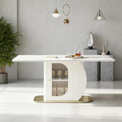 Modern Minimalist Dining Table, 63" Sintered Stone with Storage for Family Kitchens