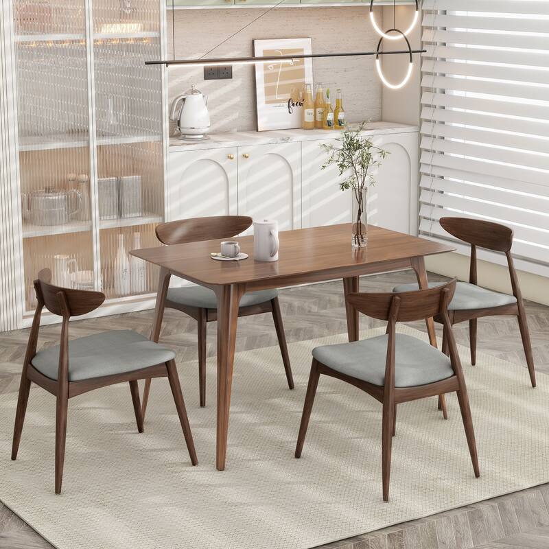 5-Piece Mid-Century Dining Set, 47" Rustic Wood Table with 4 Upholstered Chairs for Kitchen, Dining Room, Breakfast Area - Light Gray,Walnut