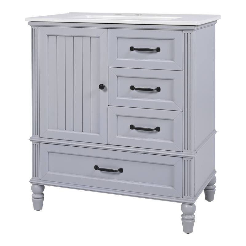 30" Bathroom Vanity wCeramic Sink, Cushioning Door & Drawers, Solid Wood Legs & MDF Board, Adiustable Foot Pads Bathroom Cabinet