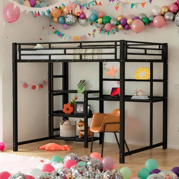 slide 2 of 12, Modern Full Size Loft Bed with Desk and Whiteboard with 3 Shelves and Ladder Black