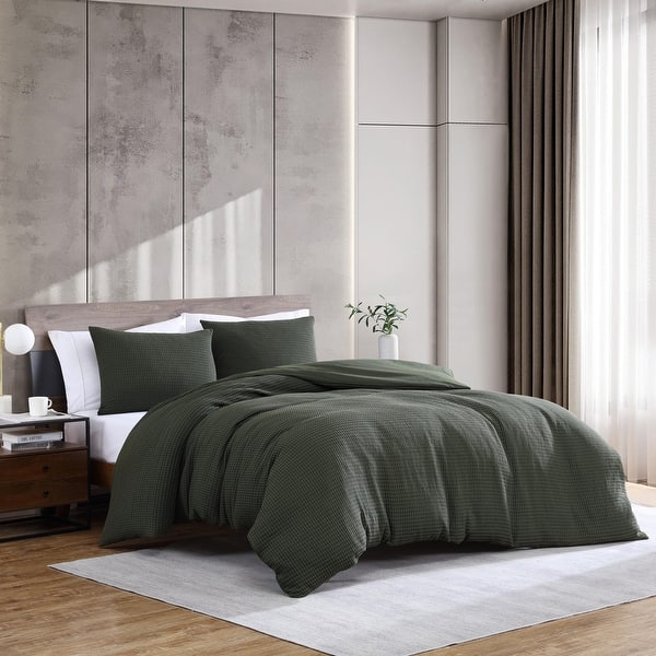 Kenneth Cole Solid Waffle Duvet Cover Set - Green - Queen