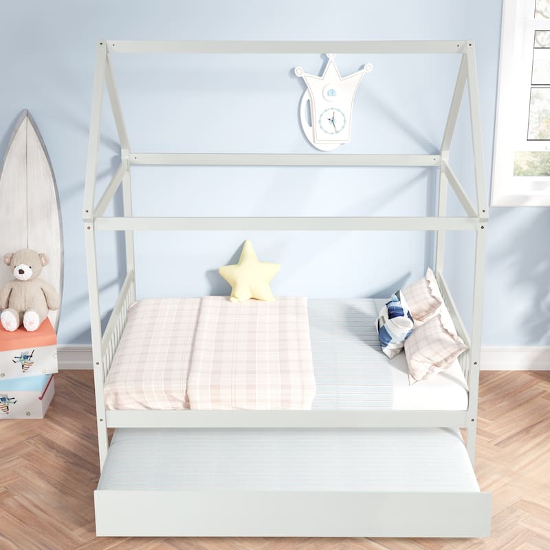 Full Wood House Bed with Trundle & Roof