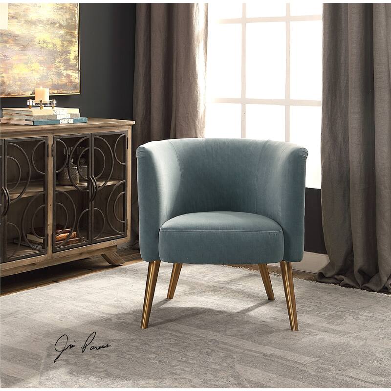 31" Haider Blue Velvet Half Barrel Accent Chair with Brass Dowel Legs