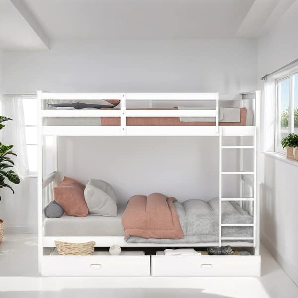 slide 2 of 9, Twin over Twin Size Bunk Bed with 2-Drawers and Ladders, White White