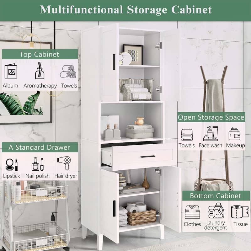 Freestanding Tall Cabinet with Drawer,2 Cabinets,4 Soft-Close Doors,and Adjustable Shelves for Versatile Storage