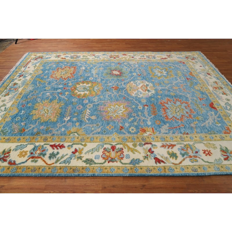 Light Blue Oushak Indian Area Rug Hand-Knotted Wool Carpet - 7'11"x 9'7"