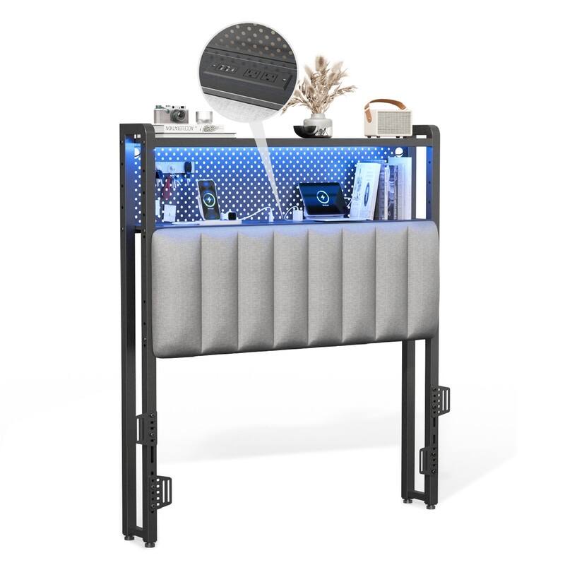 Adjustable Upholstered Headboard with 2 Tier Shelves with Charging Stations and LED Lights, Modern Bed Headboard with Storage