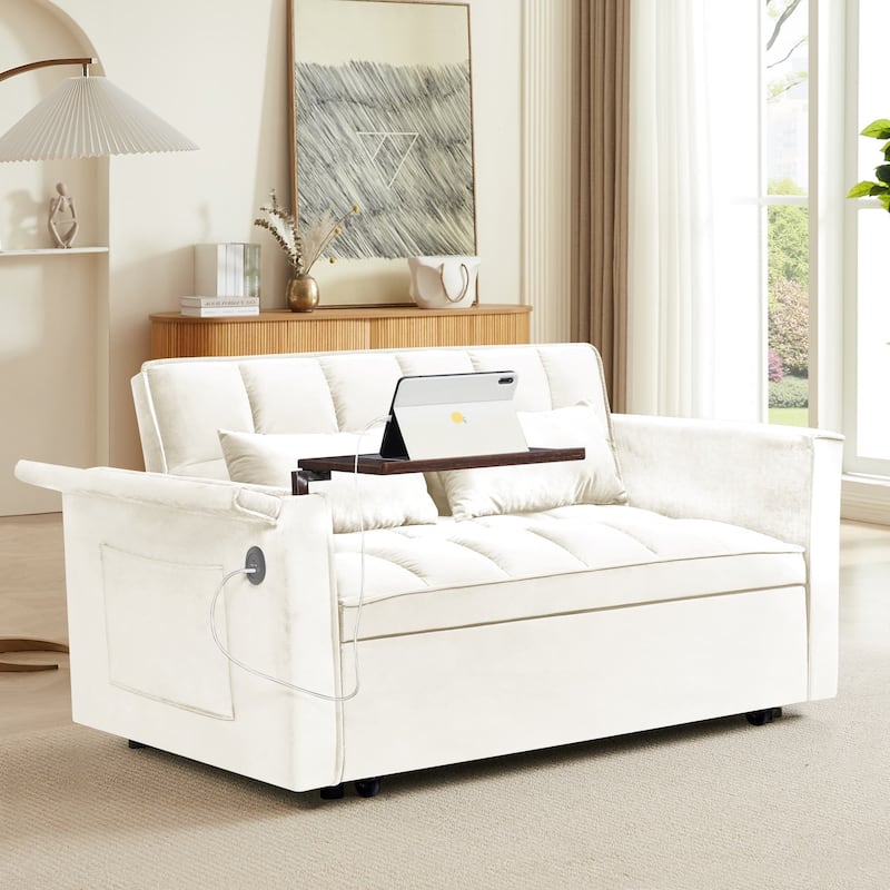 55.5" Convertible Velvet Double Sleeper Sofa Bed with Hidden Side Table