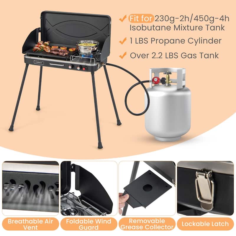 Portable Camp Grill 2-Burner Propane Camping Stove w/ Detachable Legs