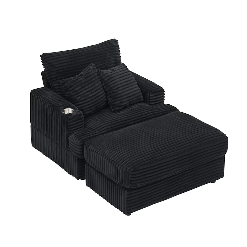 Black Corduroy Armchair Sofa with Ottoman and Cup Holder