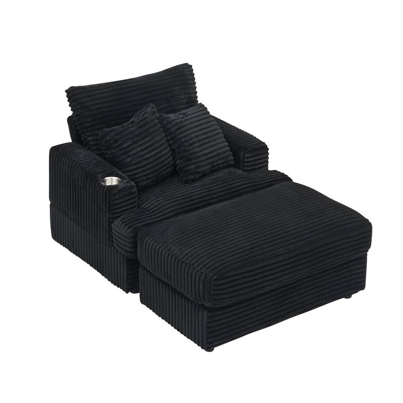 Corduroy Armchair Ottoman Set with Cup Holder, Spring Cushion and 2 Throw Pillows