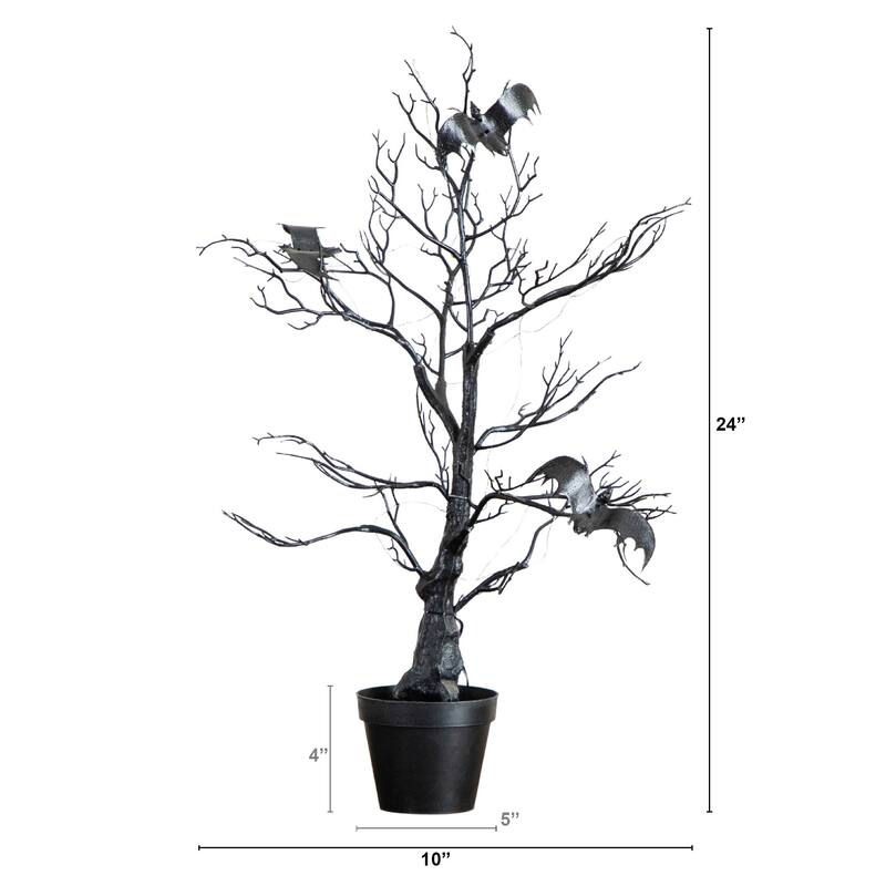 Pre-Lit Bats Artificial Halloween Twig Potted Tree with Bats - 2' - Orange and Purple LED Lights