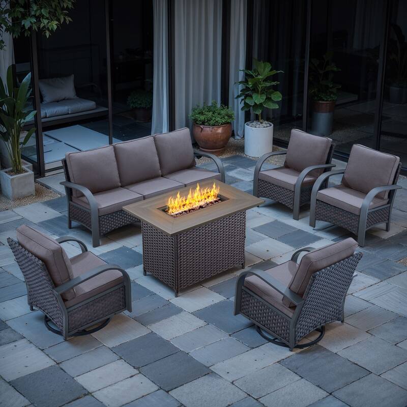 Outdoor Fire Pit with Funiture Set - Brown Rattan - Grey Cushion - 6PC-Sofa Chair w/ Rattan Fire Table