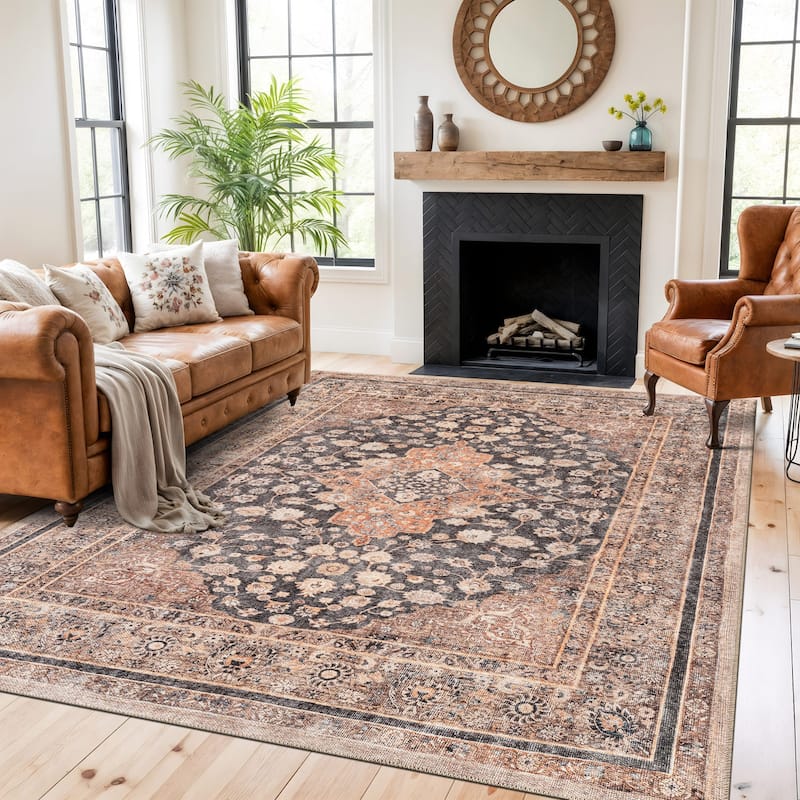 Traditional Flat Pile Washable Area Rug, Pet Friendly & Non-Slip - 7'7" x 9'6" - Black