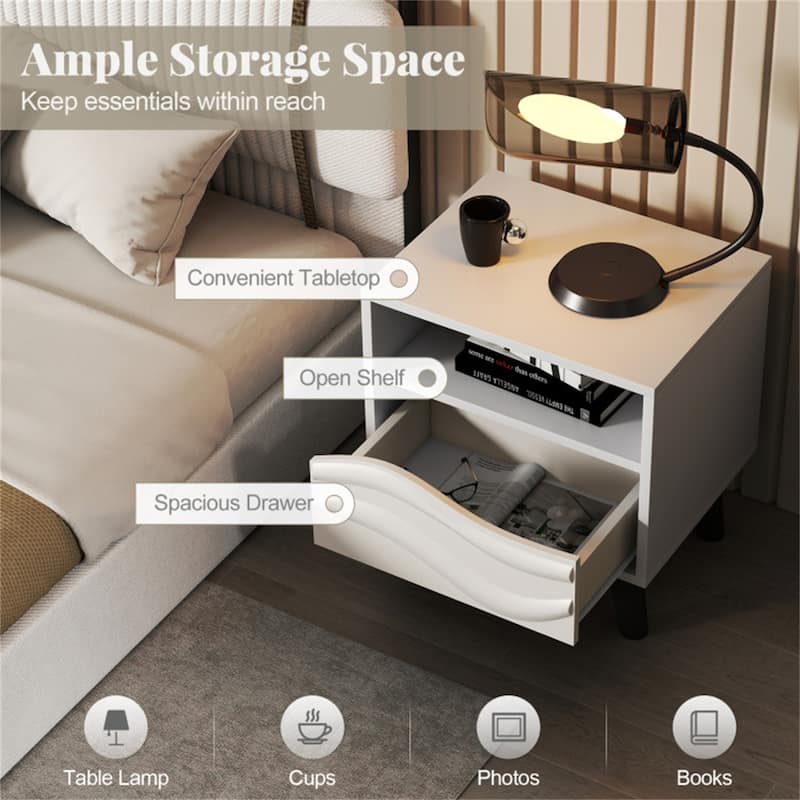 White-Black Engineered Wood Nightstand with 3D Wavy Drawer and Storage