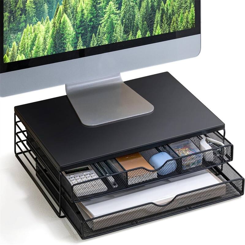Wood Monitor Riser with Drawers - Black