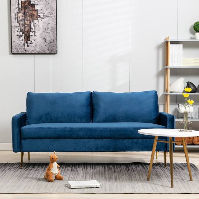 Modern Loveseat Square Arms Upholstered Velvet Sofa with Pillows - Blue