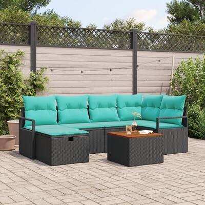 vidaXL 7 Piece Garden Sofa Set with Cushions Black Poly Rattan - 91.3×48×27.2