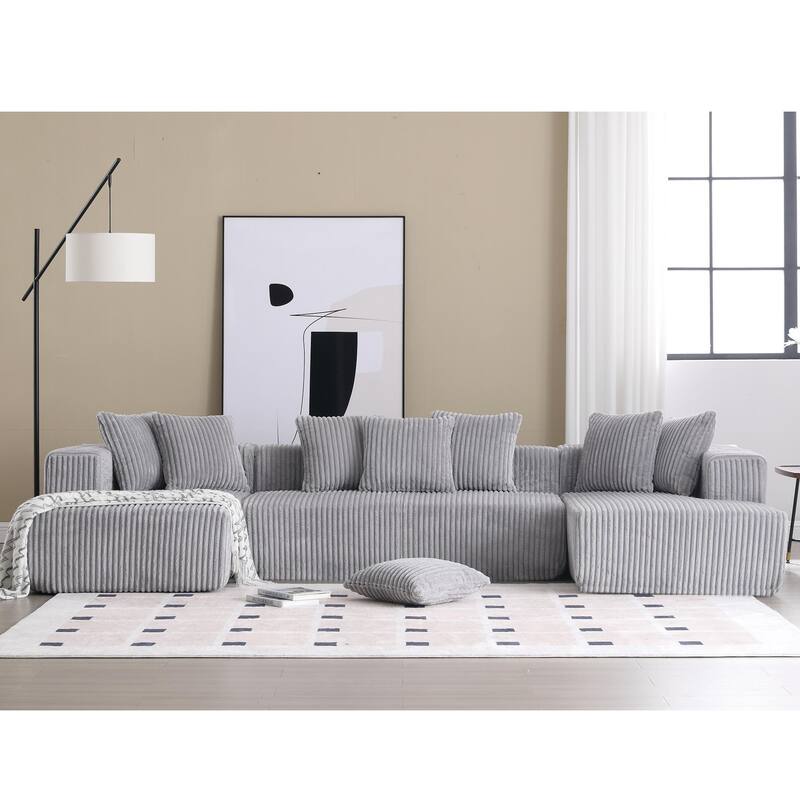 133.45'' Modular U-shaped Sectional Couch, 4 Seater, Striped Corduroy, Gray