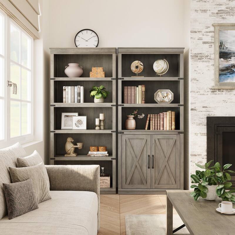 Book Shelf with Door, 5 Tier Wooden Book Case with Storage, 68.7"