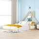preview thumbnail 1 of 6, Full Size Floor House Bed with House-shaped Chimney Headboard - White Montessori Floorbed with Handrails and Wood Slats, Natural Natural - Full