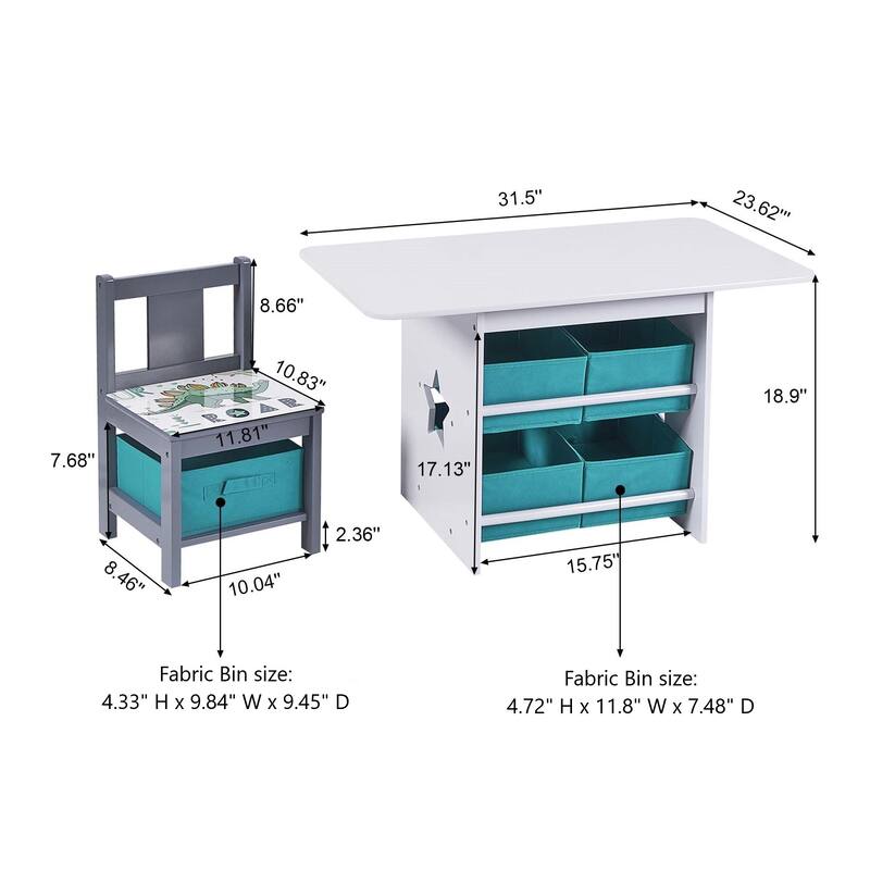 Kids Art Play Activity Table with Storage Shelf and Chair Set with Storage Baskets, Blue & Grey