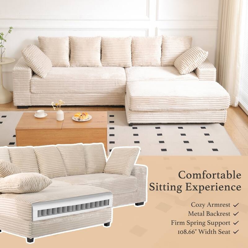 108.66" Thickened Corduroy Sectional Sofa with Storage Ottoman & Throw Pillows