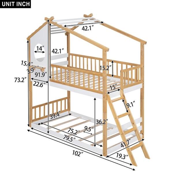 dimension image slide 0 of 2, Wooden Bunk Bed with Ladder, Guardrail, Roof and Window, Twin Over Twin