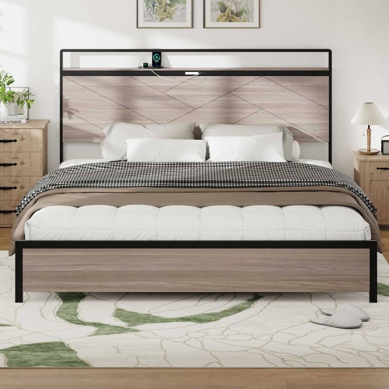 wooden platform bed frame with storage LED light headboard and 2 USB - King