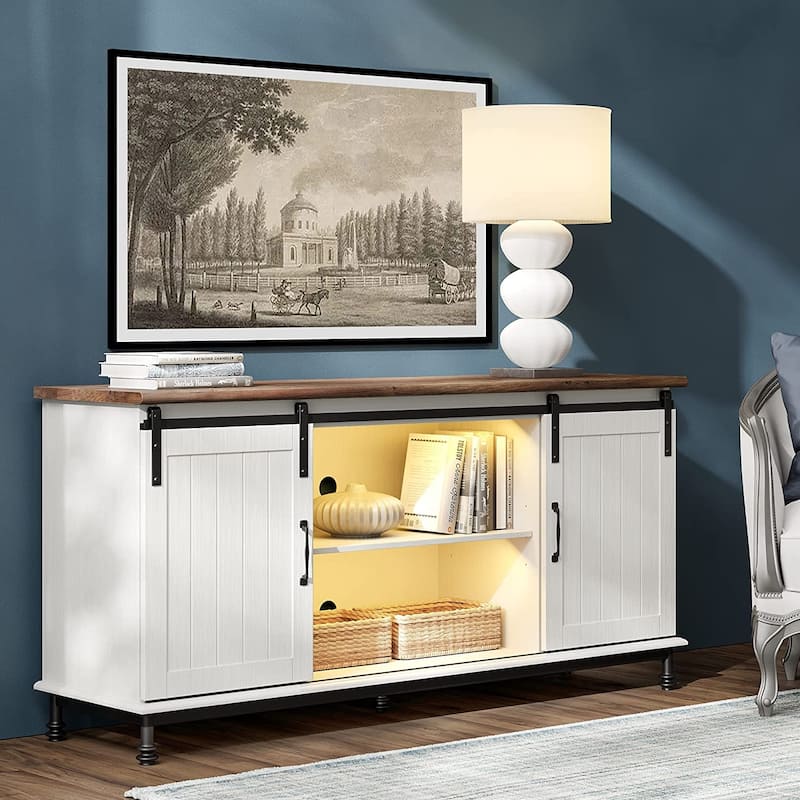 WAMPAT Farmhouse Sliding Barn Door TV Stands Storage Cabinets Entertainment Stand for TVs Up to 65"