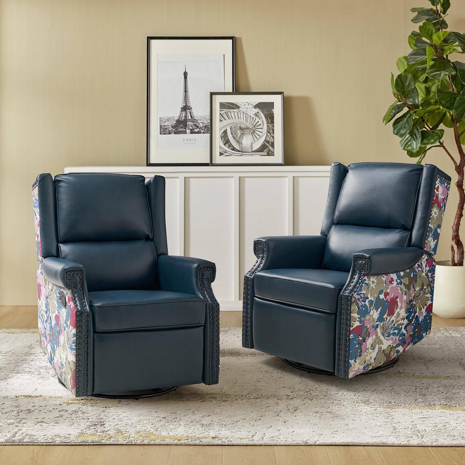 Amelia Transitional PU Leather with Floral Stitching Design Swivel Rocker Recliner Set of 2 by