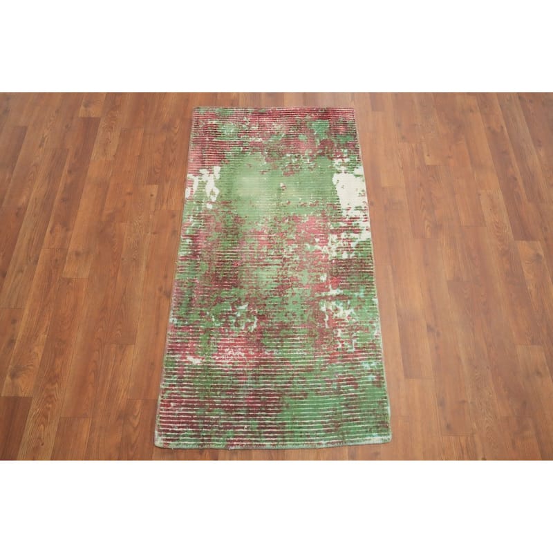 Hand Knotted Oriental Viscose Silk Carpet Modern All-Over Green Abstract Area Rug - 4' 0'' X 2' 0''