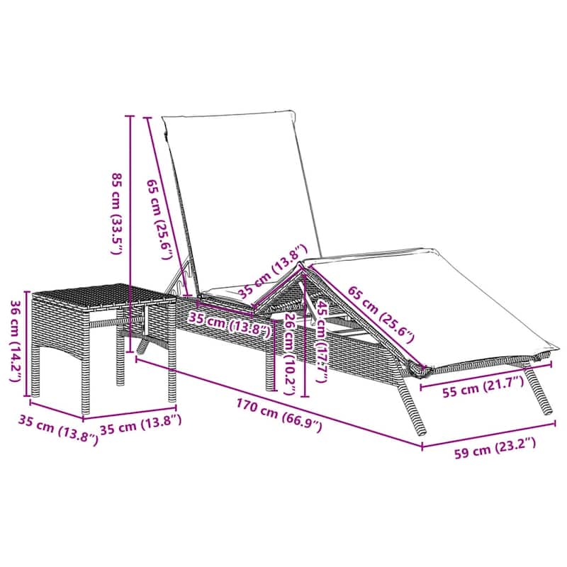 vidaXL Sun Lounger Set of 2 Grey PE Rattan 2-seater - 23.2 x 78.7 x 33.5