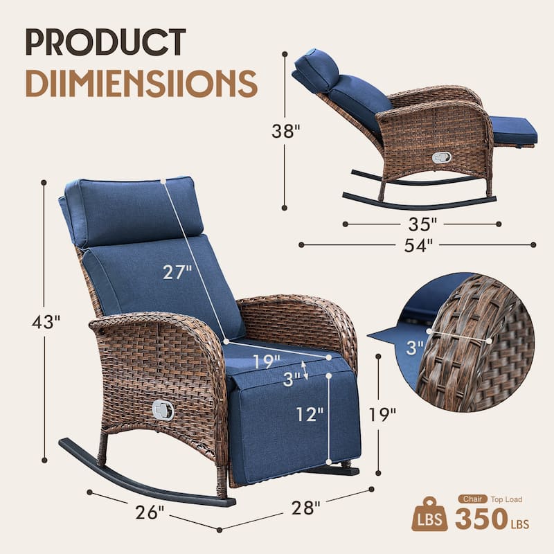Meyreso Wicker Rocking Reclining Chaise Lounge with Adjustable Backrest & Footrest (4-Pack)