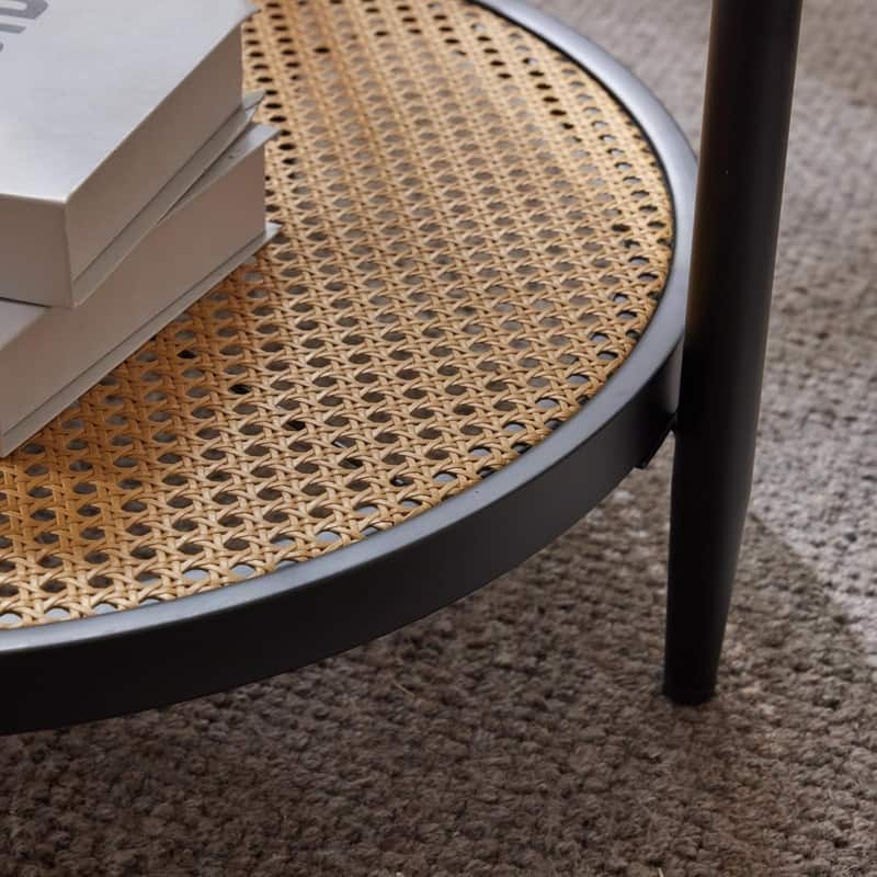 25.59in Double-Layered Circular Rippled Glass + PE Rattan Panel, Black Iron Frame Coffee Table