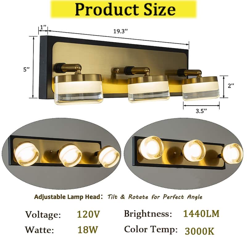 CraftHome Modern Square Black Brass Integrated LED Wall Sconce with White Acrylic Shade Adjustable Head Bathroom Vanity Light
