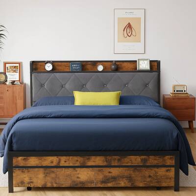 Industrial Storage Platform Bed with Charging Station and LED Light - No Box Spring Needed