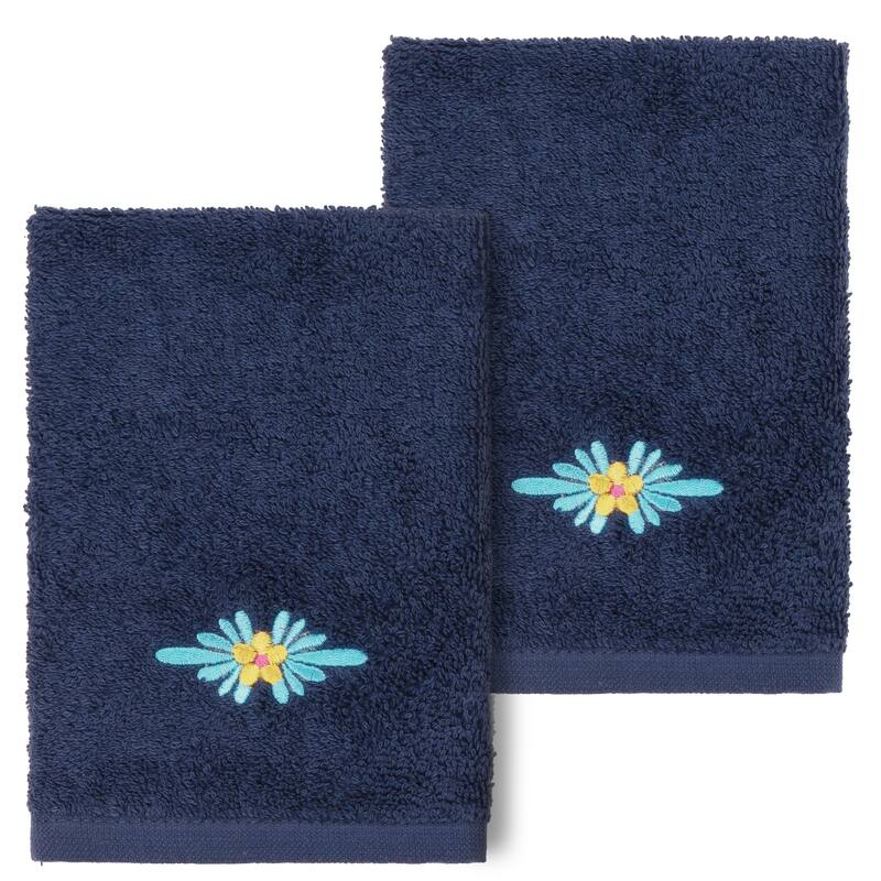 Authentic Hotel and Spa 100% Turkish Cotton Feliz 2PC Embellished Washcloth Set - Midnight Blue