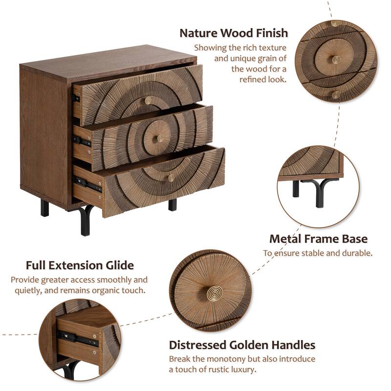 COZAYH Farmhouse Nightstand, Accent Wooden Storage with Circle Pattern and Radioactive Wood Lines, Mid-century Dresser
