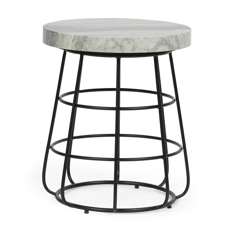Roomfitters Round Marble Top End Table, Modern Side Table with Black Wire Base, Small Sofa Table for Living Room, Gray Marble