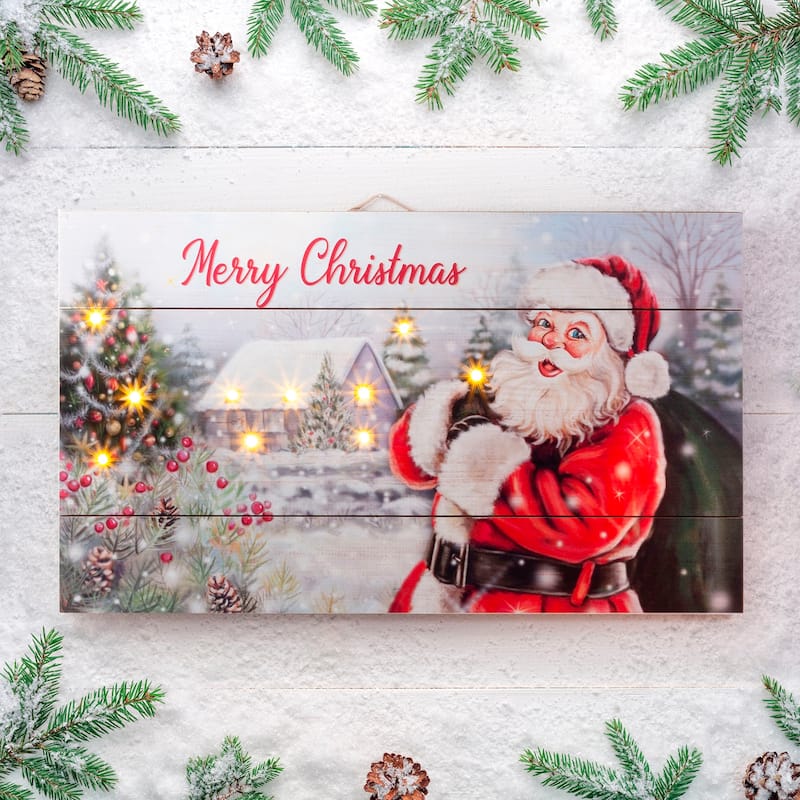 Glitzhome 24"L Wooden Christmas Santa Wall Decor with Warm White Lights