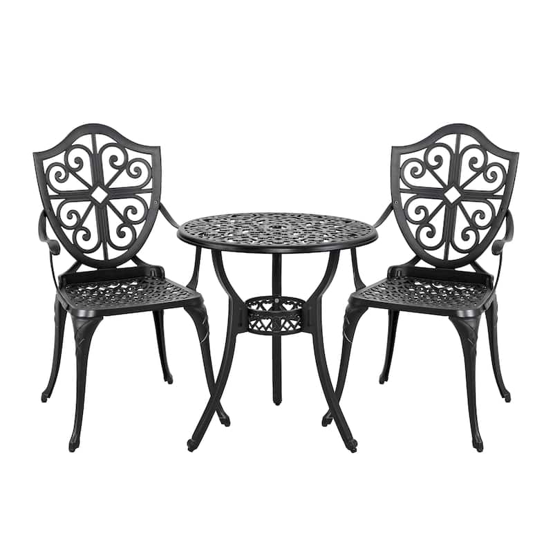 Cast Aluminum Bistro Table with Umbrella Hole and 2 Bistro Chairs - 24 inches round table